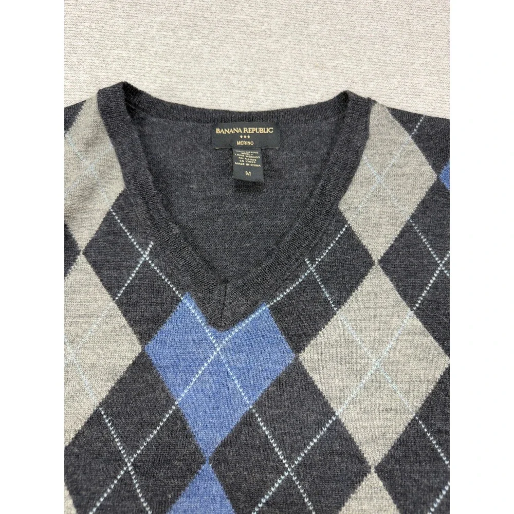 Banana‎ Republic Mens Merino Wool Argyle V-Neck Sweater Gray Blue Size M